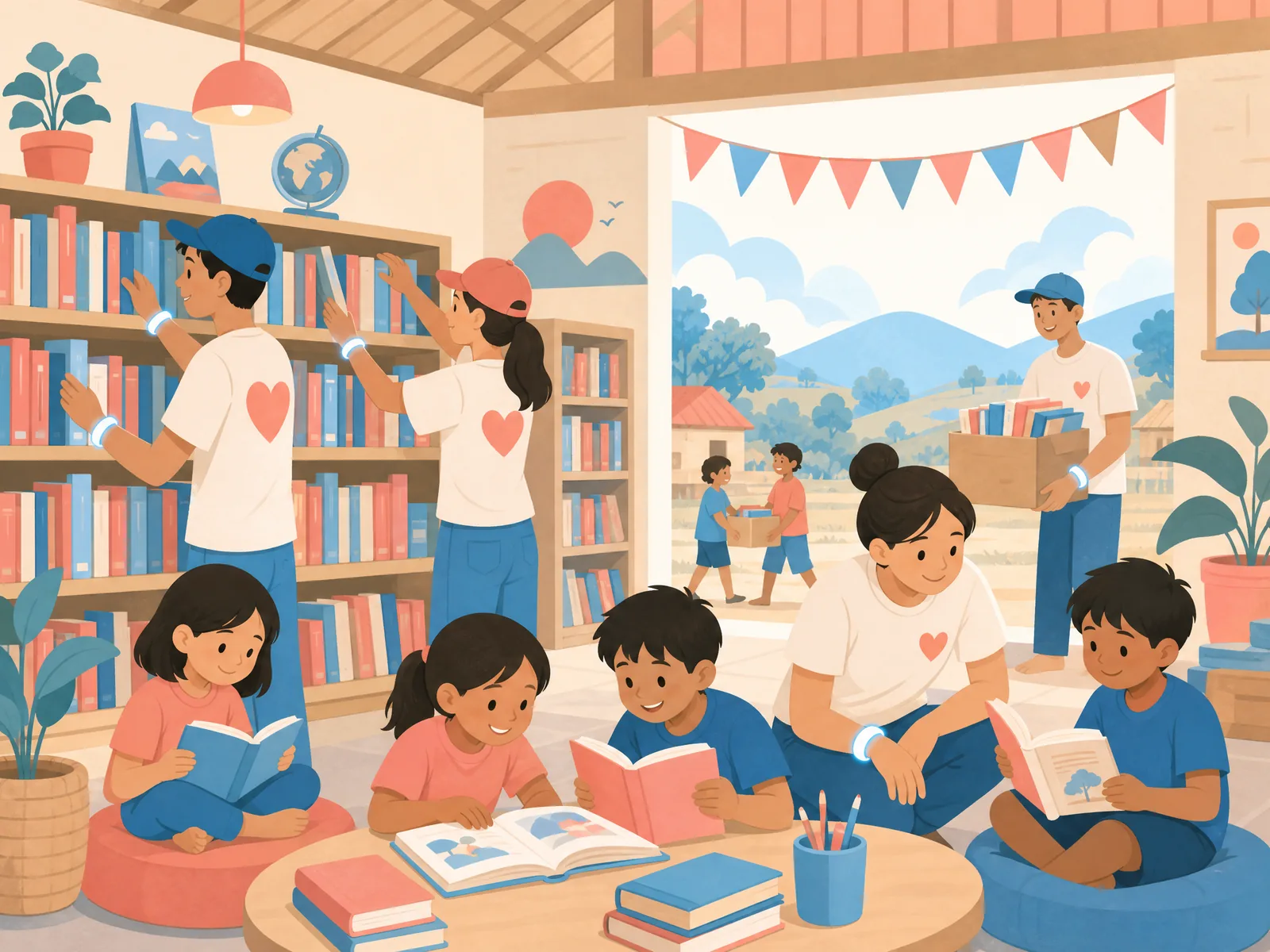 志愿者在乡村小学整理书架并陪伴孩子阅读